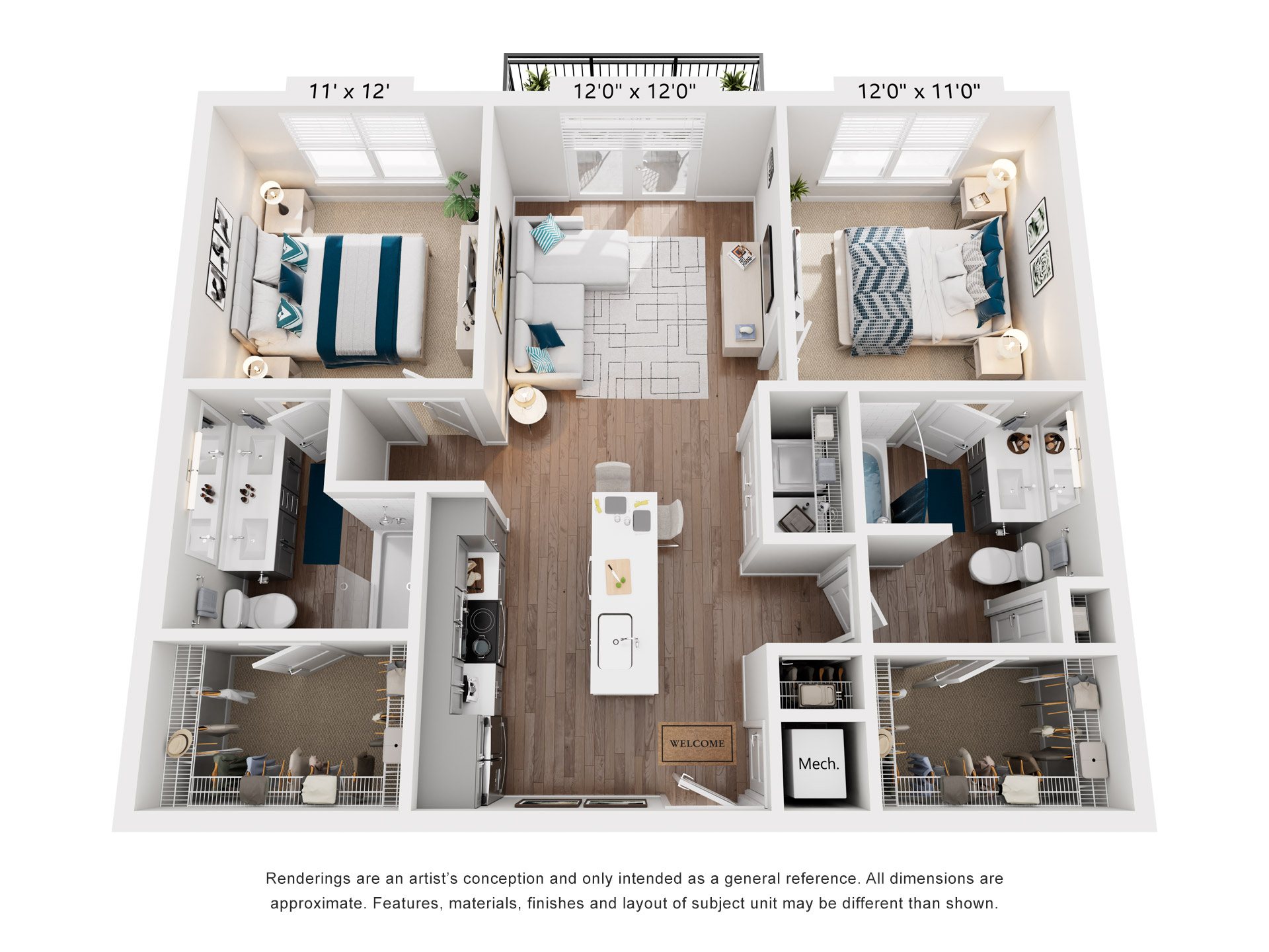 Floor plan for 2 beds, 2 baths, 980 sqft